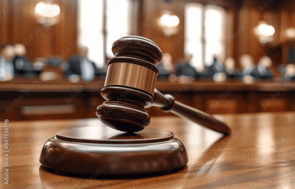 Wooden Judge Gavel on Courtroom Table Close Up in Legal Setting with Judge Starting Civil Case Hearing