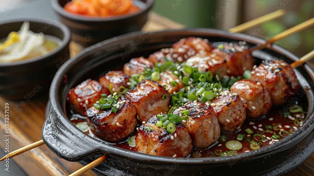 Delicious Grilled Meat Skewers with Sesame Seeds and Green Onions Delicious Grilled Meat Skewers with Sesame Seeds and Green Onions
