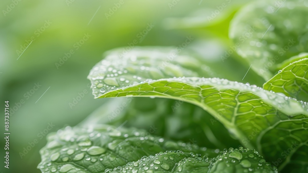 A macro photograph of a dew-kissed lettuce leaf. A macro photograph of a dew-kissed lettuce leaf.
