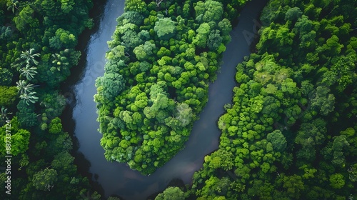 Drone shot of a lush green forest with a winding river flowing through it