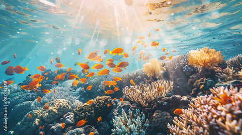 Colorful tropical fish swimming in a coral reef, vibrant marine life, clear blue water, underwater scenery, diverse species, natural beauty