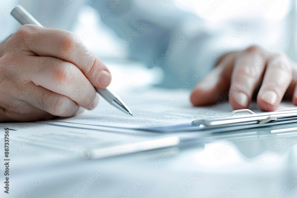 Advisor explaining investment options with a client, close-up of hands and documents, highlighting planning and expertise, with generous copy space. Advisor explaining investment options with a client, close-up of hands and documents, highlighting planning and expertise, with generous copy space.