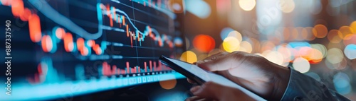 Advisor reviewing stock market charts on a digital device, close-up view focusing on analysis and planning expertise, with ample copy space.