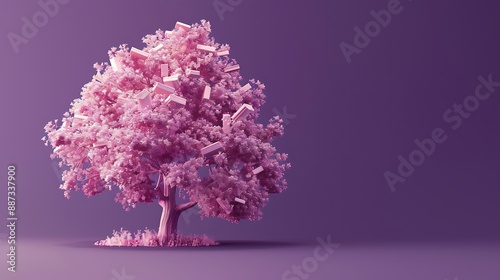 majestic 3D tree with books as leaves each one richly textured standing tall on solid royal purple background. The books shimmer as if imbued with endless knowledge.