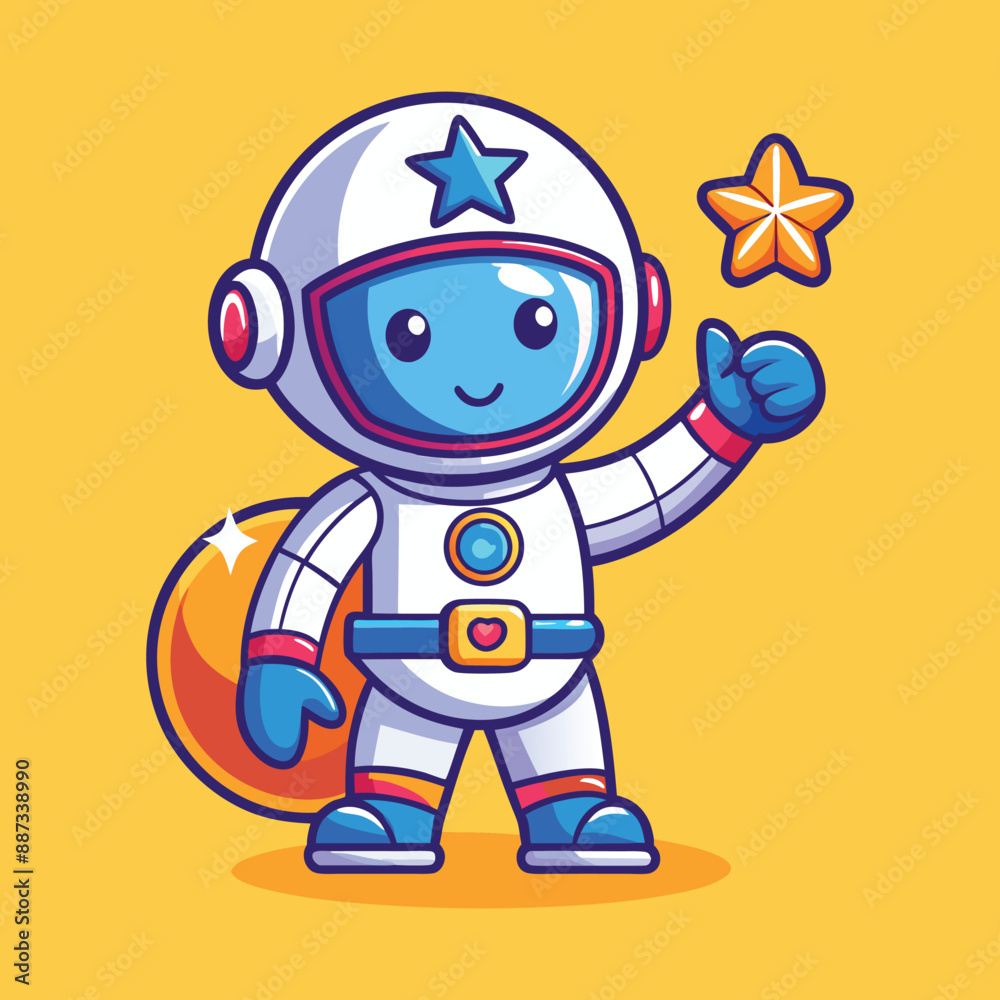 A flat thin line baby astronaut right hand up and holding an star... A flat thin line baby astronaut right hand up and holding an star...