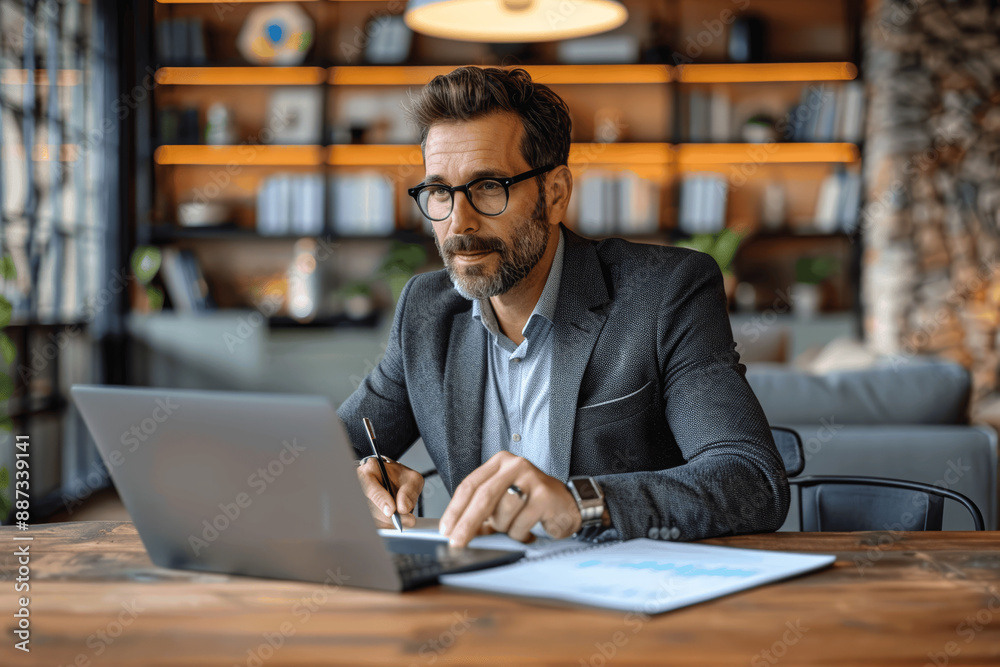 Focused male manager researching online and taking notes on paper at desk in modern office Focused male manager researching online and taking notes on paper at desk in modern office