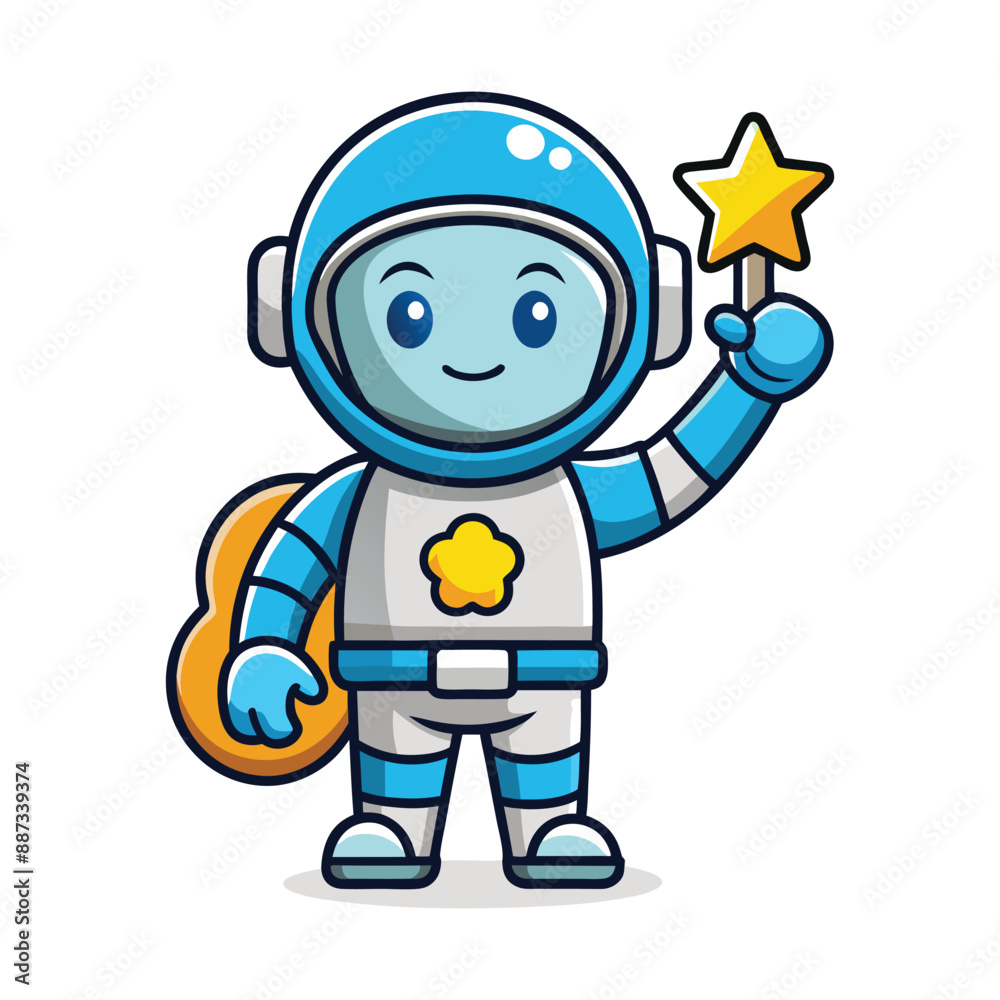 A flat thin line baby astronaut right hand up and holding an star... A flat thin line baby astronaut right hand up and holding an star...