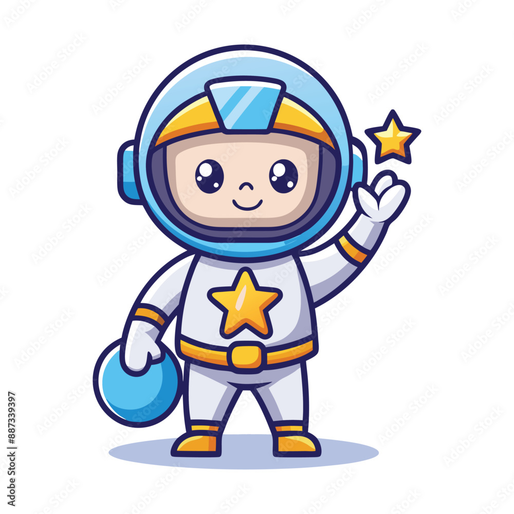 A flat thin line baby astronaut right hand up and holding an star... A flat thin line baby astronaut right hand up and holding an star...