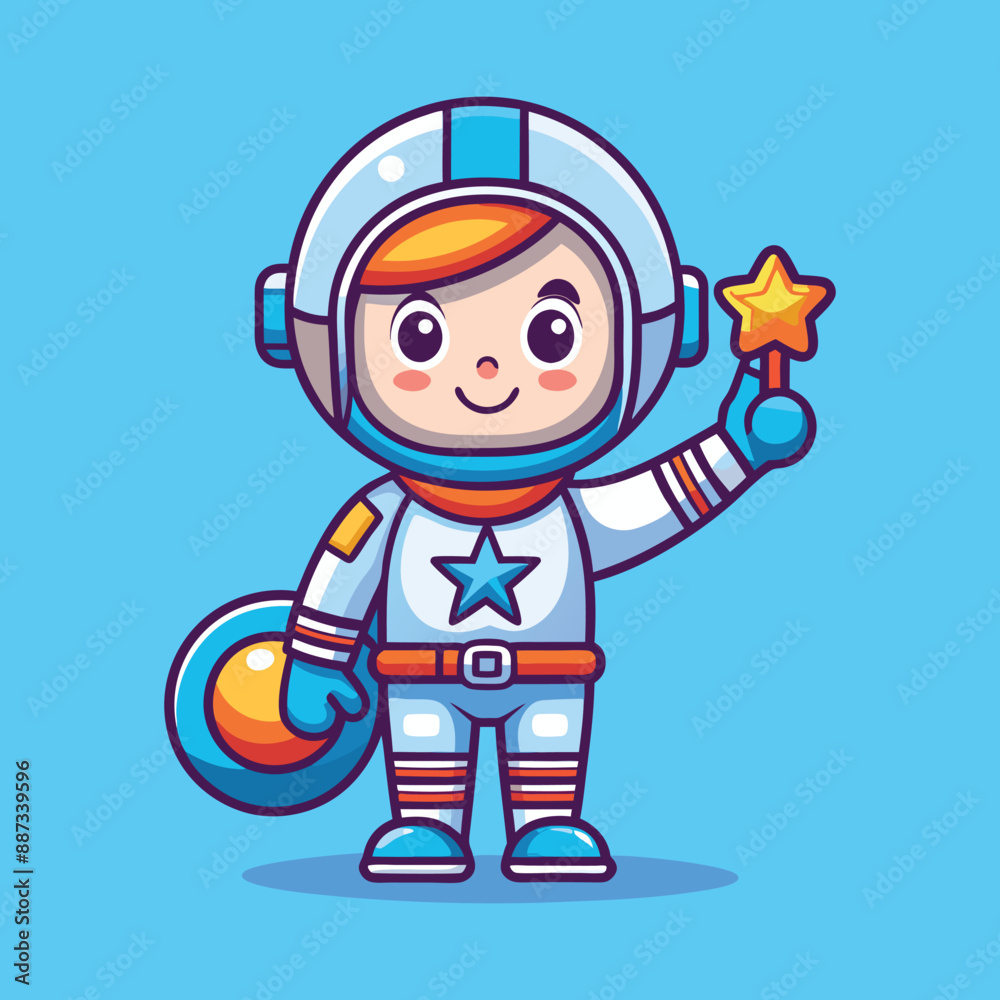 A flat thin line baby astronaut right hand up and holding an star... A flat thin line baby astronaut right hand up and holding an star...