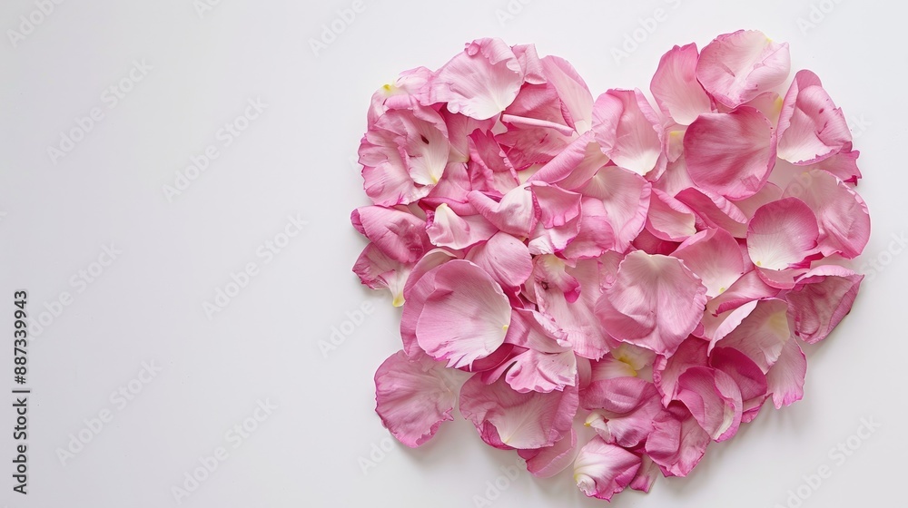 Heart shaped pink peony petals on white background for holiday card with copy space Heart shaped pink peony petals on white background for holiday card with copy space