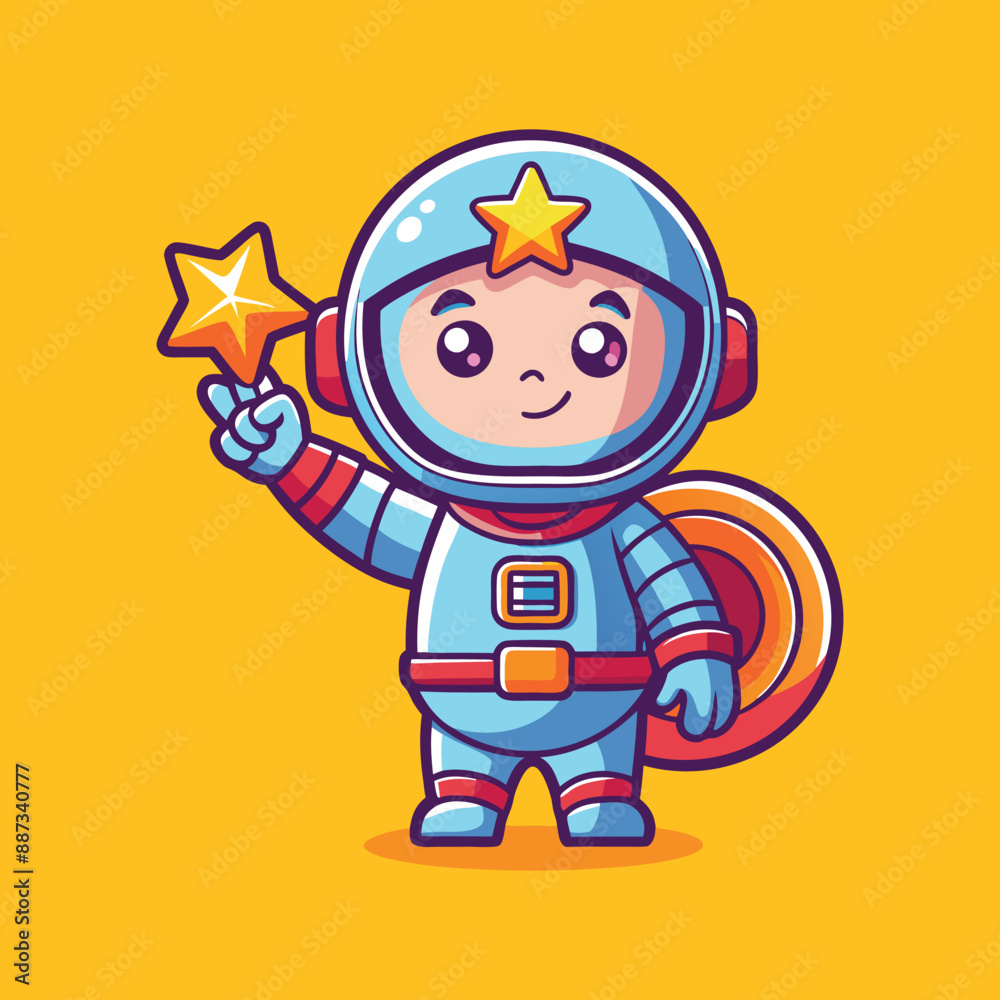 A flat thin line baby astronaut right hand up and holding an star... A flat thin line baby astronaut right hand up and holding an star...