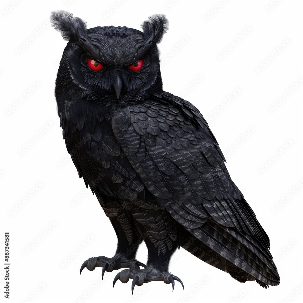 Fototapeta premium Enigmatic Witch's Familiar - Detailed Black Owl with Red Eyes for Halloween Magic