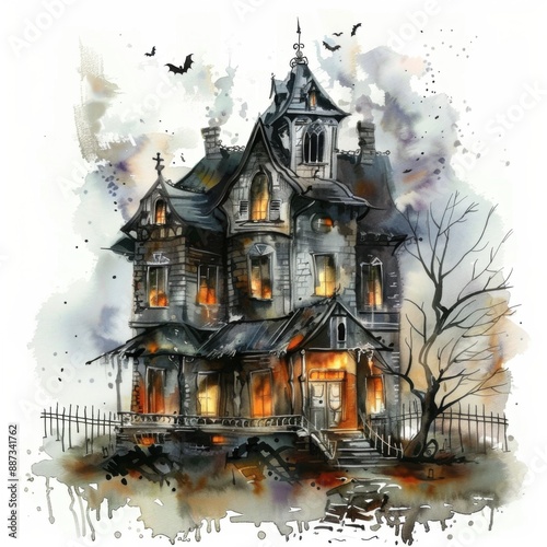 Eerie Haunted House Halloween Scene Watercolor Painting on Isolated White Background