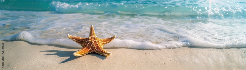 Starfish on Sandy Beach with Gentle Waves and Turquoise Sea Under Bright Sunlight