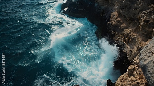 Drone perspective of a dramatic coastal cliffside with waves crashing below photo