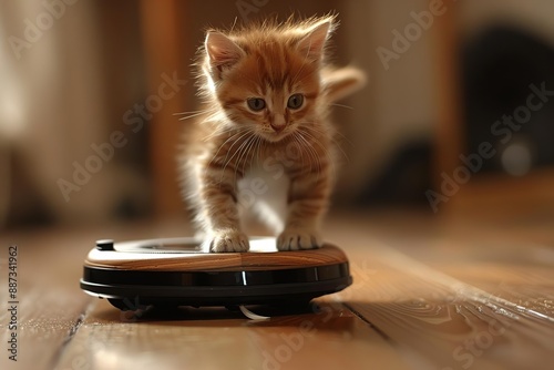 A kitten riding a Roomba like it's a surfboard photo