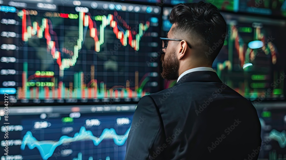 Fototapeta premium Man in suit and glasses analyzing financial charts and stock market data. Suitable for finance, business, investment concepts. Growth and success themes.