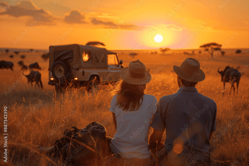 Obraz premium young couple on safari in Africa watching sunset with jeep and wildlife on savannah grassland