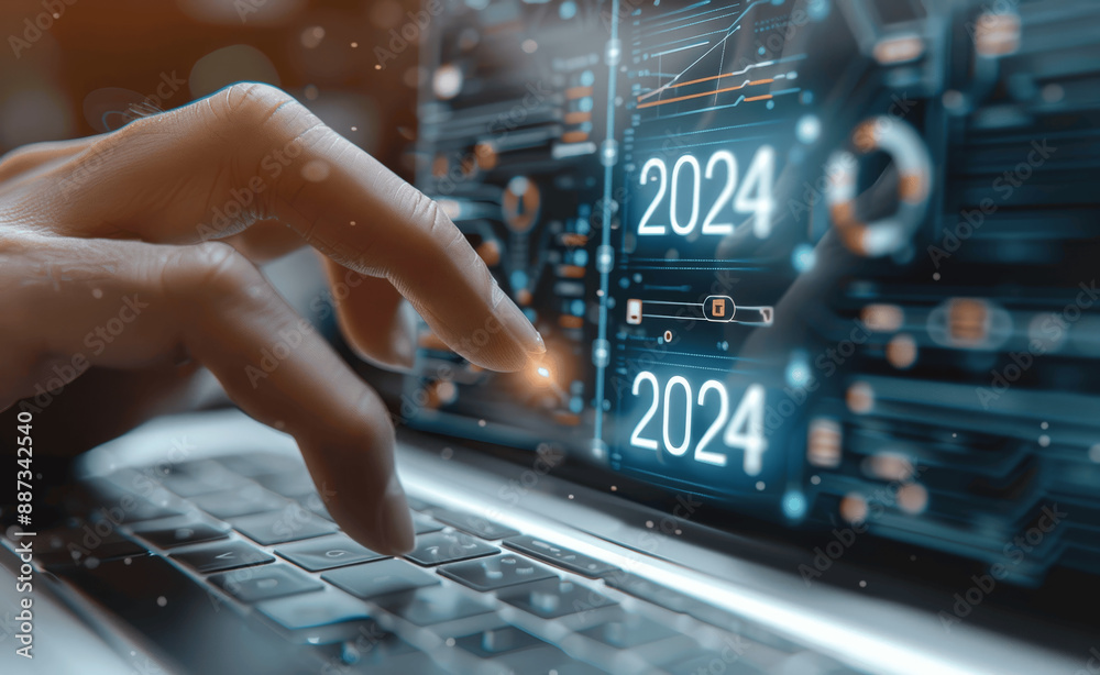 Fototapeta premium Touch the Progress Bar to Celebrate the Change from 2023 to 2024 with Futuristic Tech Background for New Year Concept and Business Goals