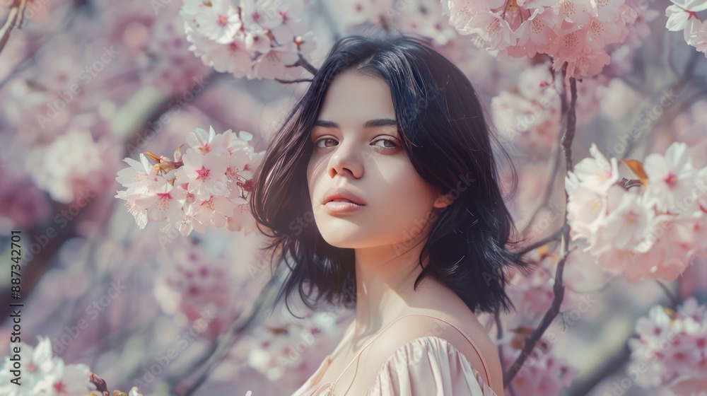 A Woman Surrounded by Pink Cherry Blossoms A Woman Surrounded by Pink Cherry Blossoms