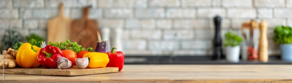 fresh organic vegetables on rustic wooden kitchen countertop with brick wall background - healthy cooking and food preparation concept fresh organic vegetables on rustic wooden kitchen countertop with brick wall background - healthy cooking and food preparation concept