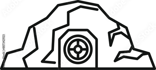 Military bunker entrance hidden in mountain landscape icon, outline style