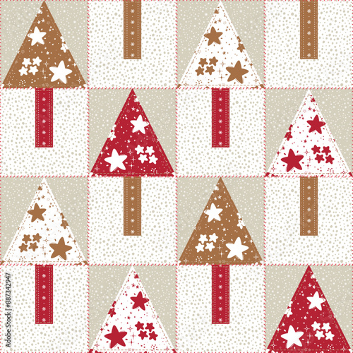 Christmas tree Patchwork Seamless pattern. Christmas, New Year, Winter Holidays. Decorative Abstract Geometric Mosaic Pattern in Folk Style. Quilting Background. Vector illustration.