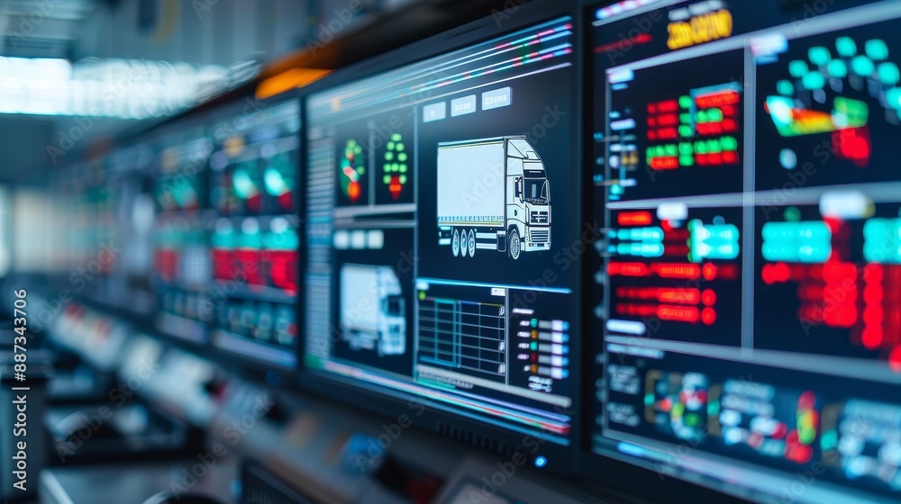 modern logistics control center with multiple monitors displaying real-time truck tracking and fleet management data. modern logistics control center with multiple monitors displaying real-time truck tracking and fleet management data.