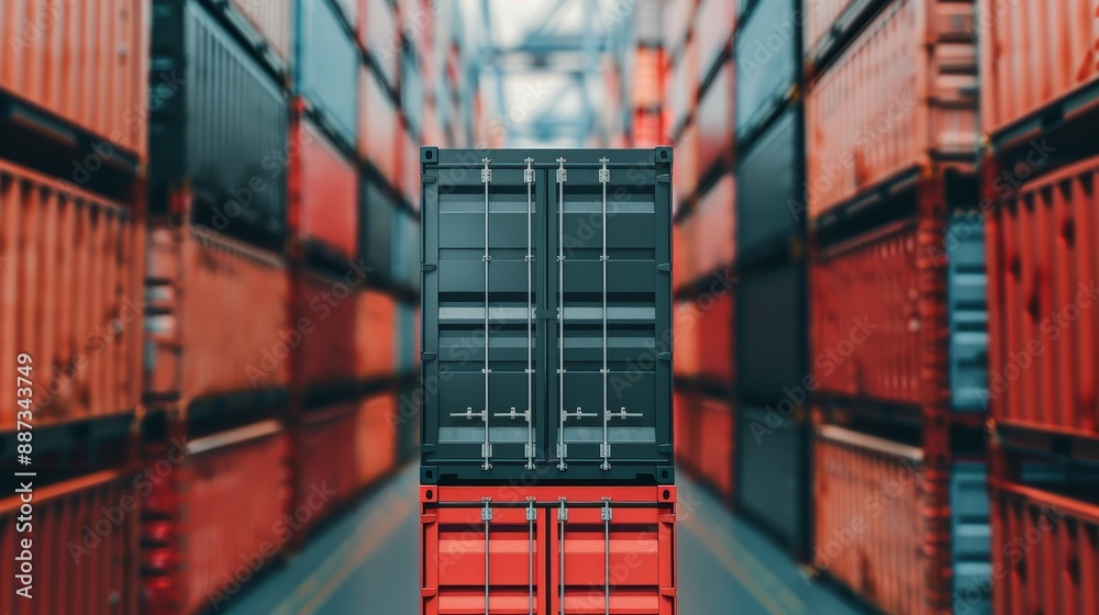 Fototapeta premium shipping container stacked in a row of red and black containers at a cargo terminal.