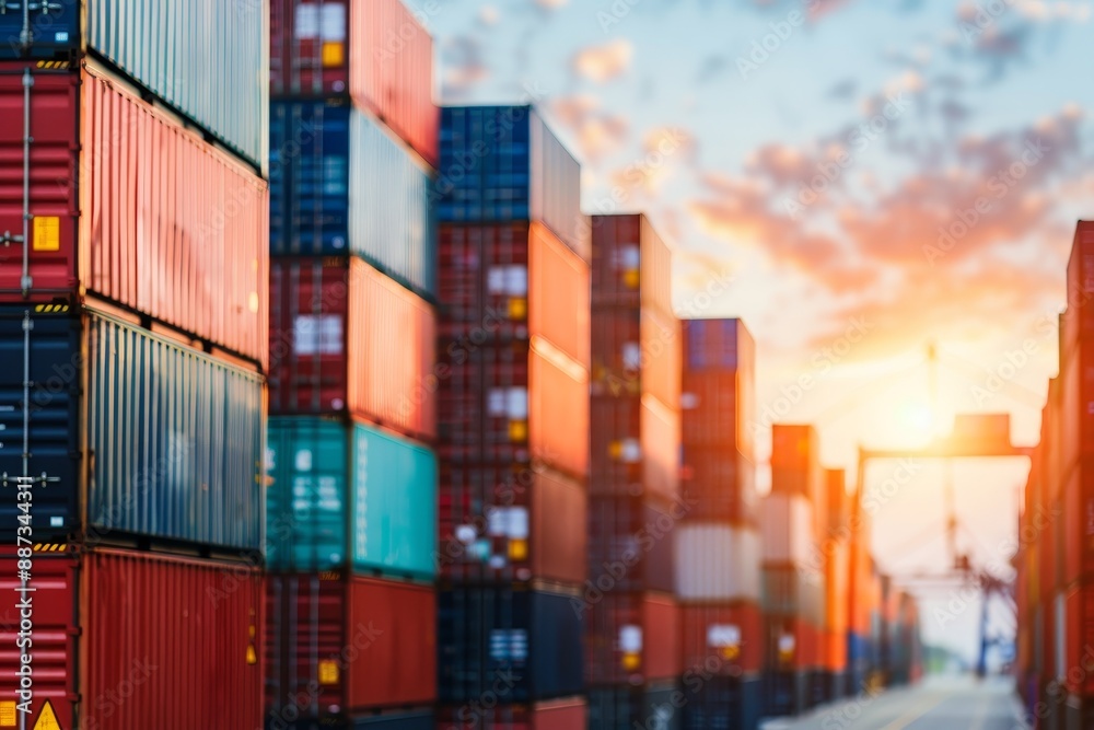 Fototapeta premium rows of colorful shipping containers at sunset with a crane and dramatic sky in the background.