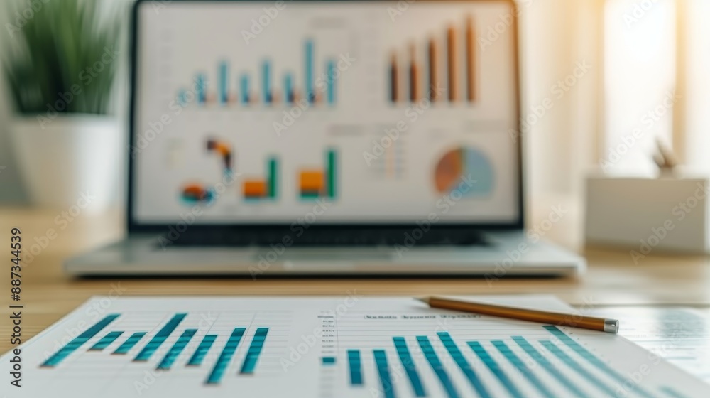 business data analysis and planning open laptop with charts and graphs on desk, financial performance report, business strategy and growth, office workspace, marketing research, investment analysis, d business data analysis and planning open laptop with charts and graphs on desk, financial performance report, business strategy and growth, office workspace, marketing research, investment analysis, d