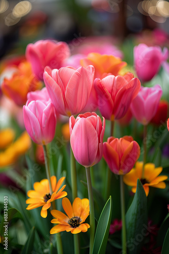 Vibrant Blooming Tulips and Marigolds in a Lush Garden, Capturing the Beauty of Spring with Bright Colors and Fresh Blossoms - Floral Nature Close-Up