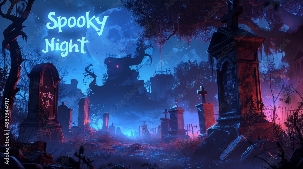 A spooky graveyard scene at dusk with crooked tombstones, twisted trees and a full moon casting with glowing text A spooky graveyard scene at dusk with crooked tombstones, twisted trees and a full moon casting with glowing text