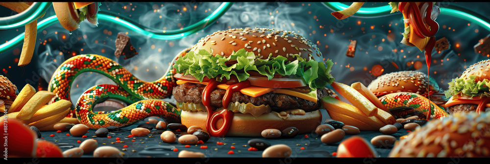 Naklejka premium Genetic Impact of Fast Food on Health: DNA Influence on Eating Habits with Photorealistic Junk Food Background