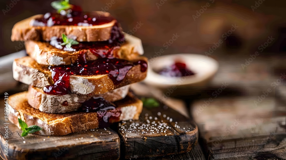 Delicious toasts with sweet jams on wooden background. Delicious toasts with sweet jams on wooden background.