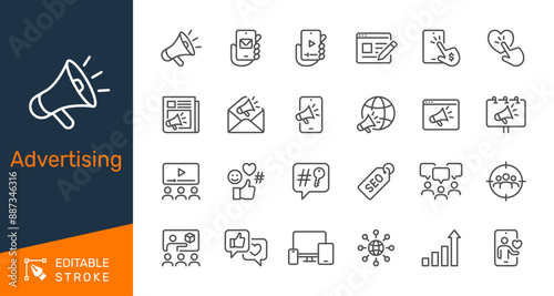 Advertising thin line icons. Editable stroke. Pixel perfect.
