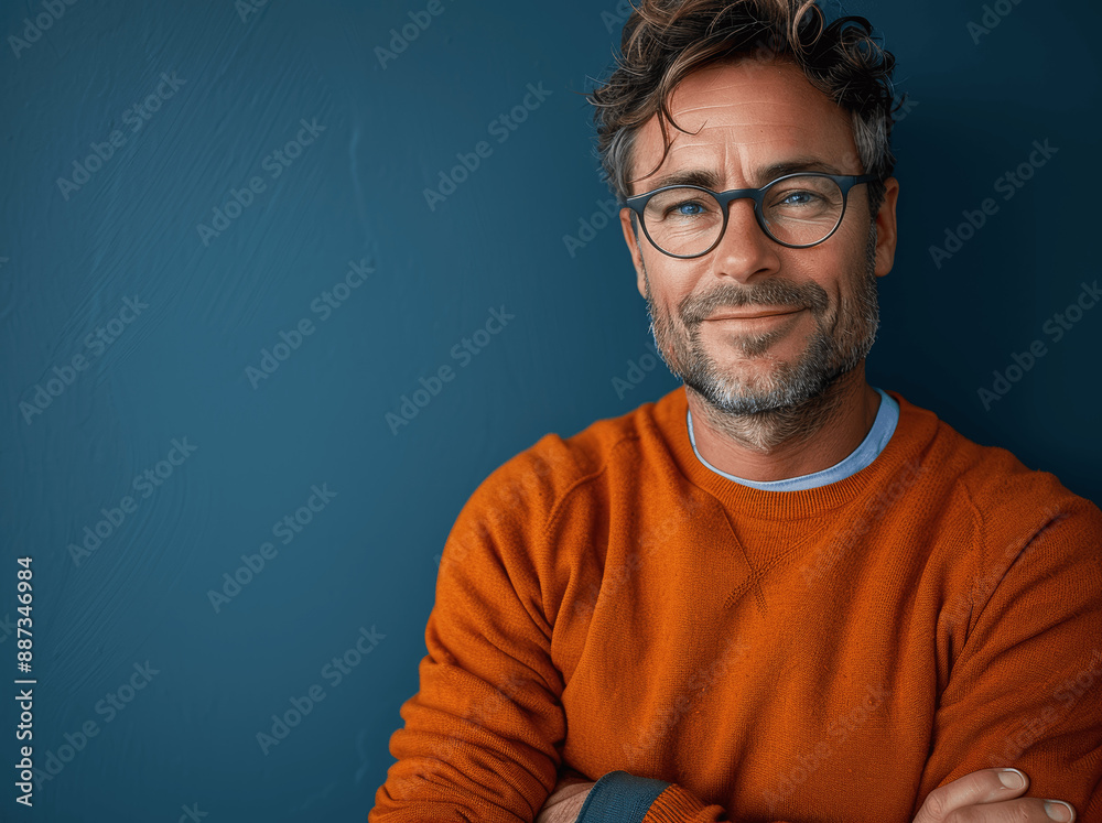 Confident Male Entrepreneur in Orange Sweater with Glasses Smiling and Posing with Arms Crossed on Blue Background Confident Male Entrepreneur in Orange Sweater with Glasses Smiling and Posing with Arms Crossed on Blue Background