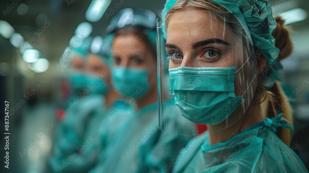 A group of female doctors wearing PPE in a hospital setting. A group of female doctors wearing PPE in a hospital setting.