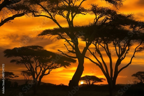 Silhouette of Acacia Trees at a dramatic sunset