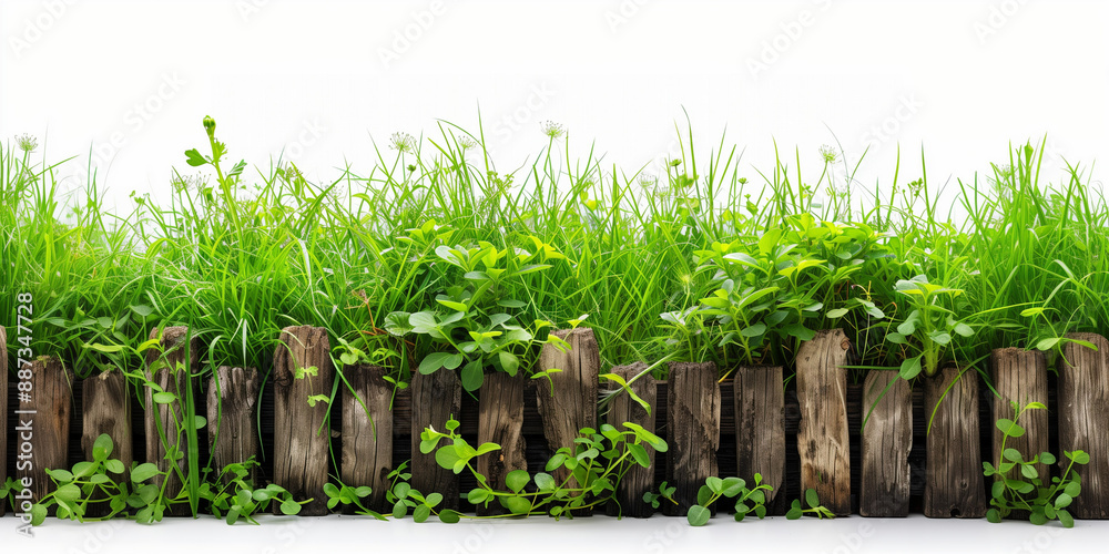 Fototapeta premium Green grass and wooden fence on a white background