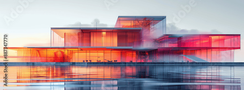 Modern Transparent Wall House 3D Architectural Blueprint with Gradient Colors and Holograms