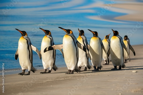 A group of penguins, specifically King Penguins, walking side by side on a sandy beach