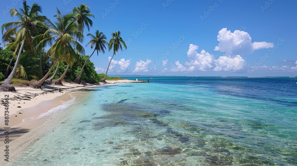 Fototapeta premium A tranquil beach with palm trees and turquoise waters under a clear sky