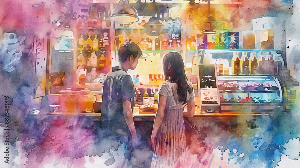 Ultra-sharp and clear watercolor image of a couple ordering at a cozy shop, isolated on a pastel background Ultra-sharp and clear watercolor image of a couple ordering at a cozy shop, isolated on a pastel background