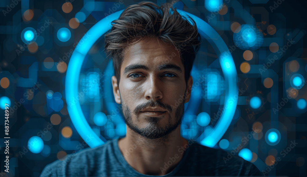 Young confident man doing research on laptop isolated on blue background Young confident man doing research on laptop isolated on blue background