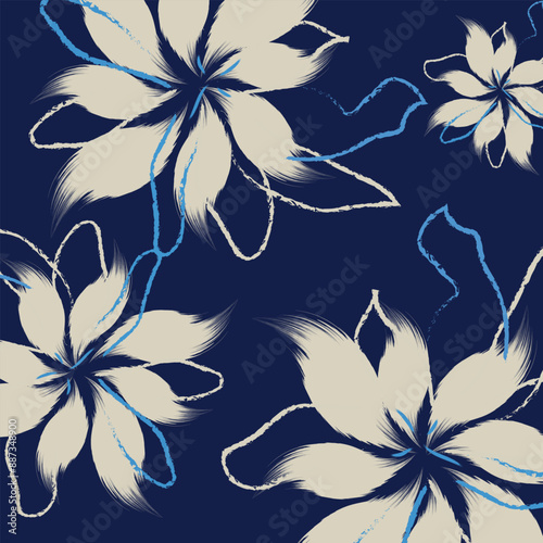 Seamless hand drawing Floral textile tropical bicolor flower and leaves mini print of vector design. A flower geometric textiles