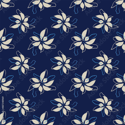 Hand drawing Floral textile tropical bicolor flower and leaves mini print of vector, flowers geometric textile for cloth. Seamless hand drawing pattern style