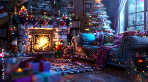 A cozy living room decorated for Christmas with a glowing fireplace