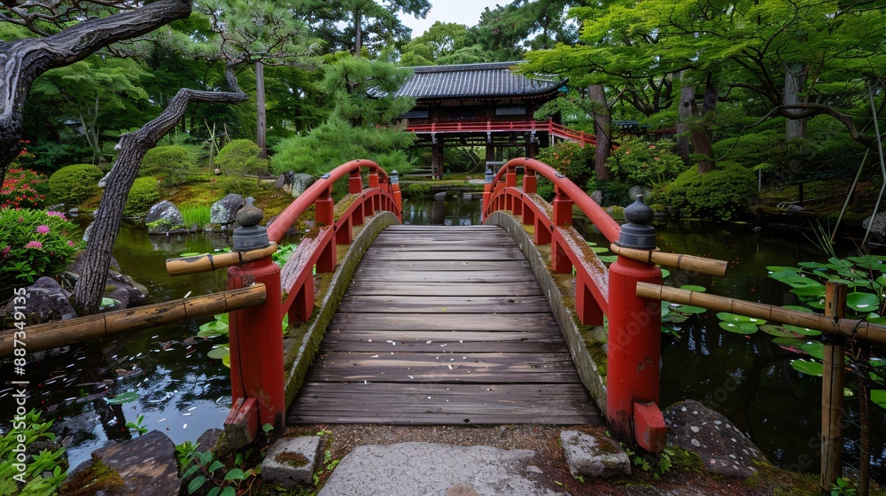 A traditional Japanese garden with a wooden bridge over a serene pond A traditional Japanese garden with a wooden bridge over a serene pond