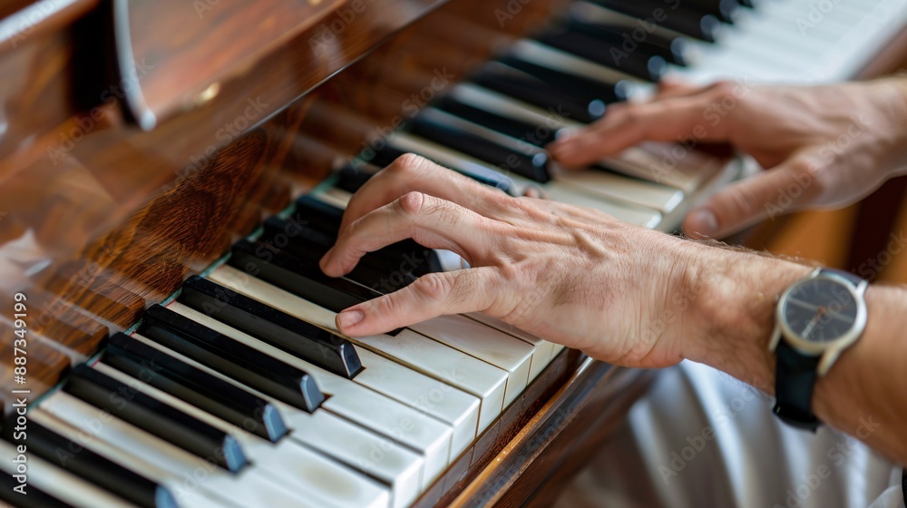 Fototapeta premium A close-up of a musician playing a grand piano with passion
